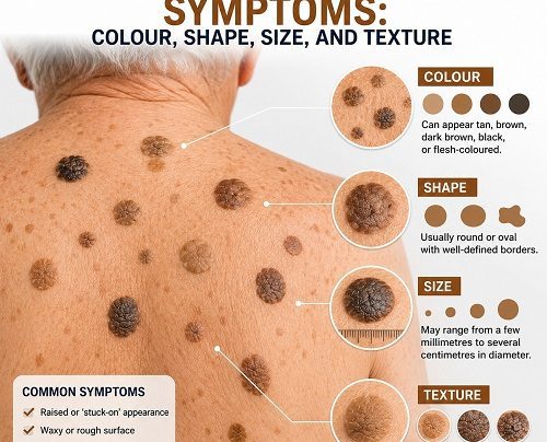 Close-up of seborrheic keratosis symptoms showing brown, waxy, raised skin growths with different colours, sizes, and textures on an elderly person's upper back.