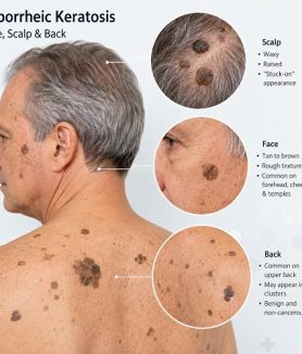 Seborrheic keratosis on the face, scalp, and back showing typical raised brown skin growths