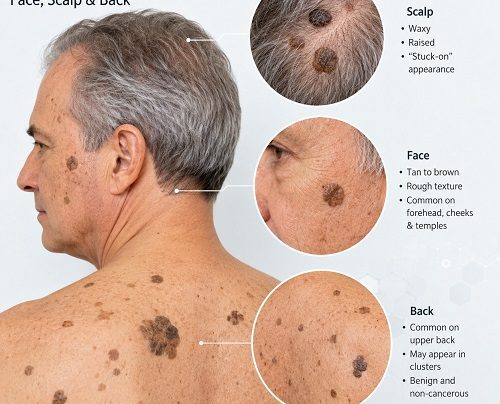 Seborrheic keratosis on the face, scalp, and back showing typical raised brown skin growths