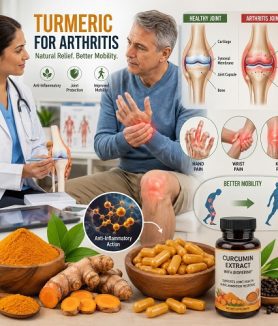 Healthcare professional discussing turmeric for arthritis with an adult patient while illustrating curcumin's anti-inflammatory effects on inflamed joints and natural joint pain relief.
