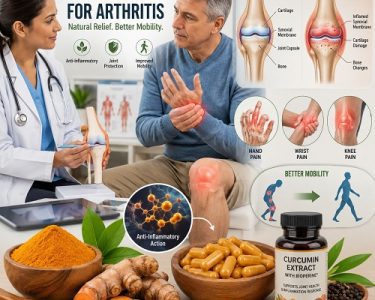 Healthcare professional discussing turmeric for arthritis with an adult patient while illustrating curcumin's anti-inflammatory effects on inflamed joints and natural joint pain relief.