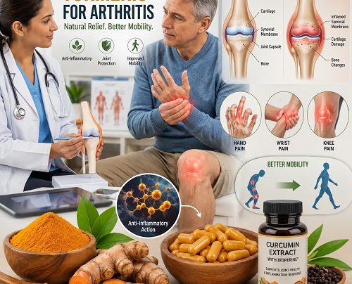 Healthcare professional discussing turmeric for arthritis with an adult patient while illustrating curcumin's anti-inflammatory effects on inflamed joints and natural joint pain relief.