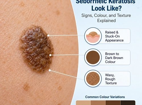 What does seborrheic keratosis look like on human skin showing a raised waxy brown skin growth