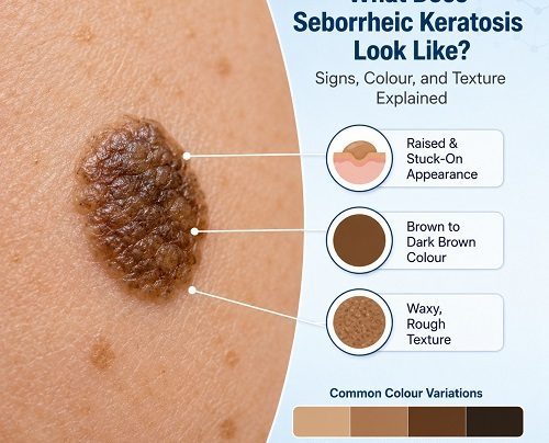 What does seborrheic keratosis look like on human skin showing a raised waxy brown skin growth