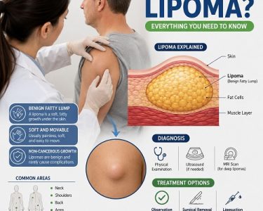 A healthcare professional examining a benign fatty lump (lipoma) on an adult patient's shoulder while explaining lipoma symptoms and treatment options.