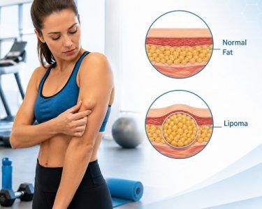 Can exercise reduce lipoma? Medical illustration showing an adult exercising with a small lipoma and a comparison of normal fat tissue and a lipoma.