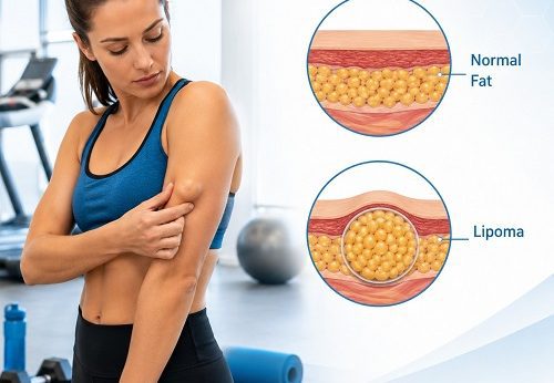 Can exercise reduce lipoma? Medical illustration showing an adult exercising with a small lipoma and a comparison of normal fat tissue and a lipoma.