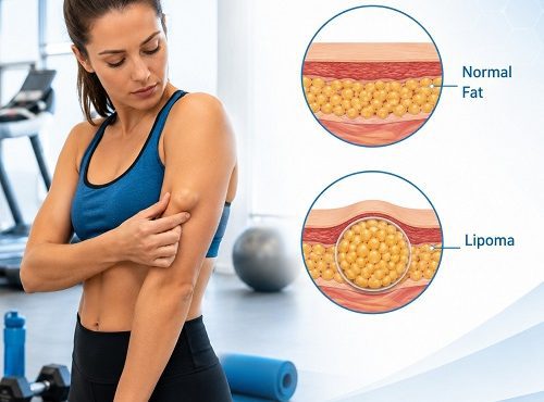 Can exercise reduce lipoma? Medical illustration showing an adult exercising with a small lipoma and a comparison of normal fat tissue and a lipoma.