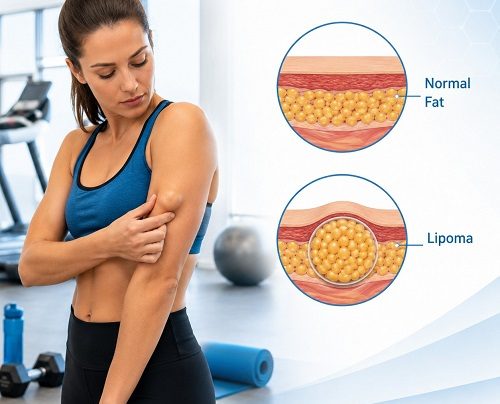 Can exercise reduce lipoma? Medical illustration showing an adult exercising with a small lipoma and a comparison of normal fat tissue and a lipoma.