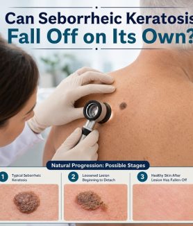 Close-up of a seborrheic keratosis skin growth with healthy surrounding skin during a dermatology examination.