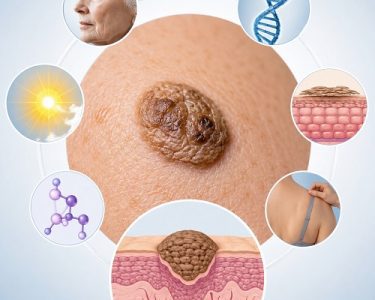 Close-up of a seborrheic keratosis lesion showing common causes including aging, genetics, sun exposure, skin cell overgrowth, hormonal changes, and friction.