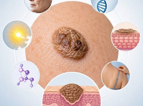 Close-up of a seborrheic keratosis lesion showing common causes including aging, genetics, sun exposure, skin cell overgrowth, hormonal changes, and friction.