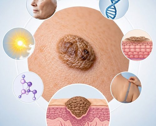 Close-up of a seborrheic keratosis lesion showing common causes including aging, genetics, sun exposure, skin cell overgrowth, hormonal changes, and friction.