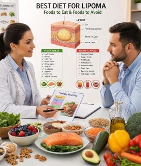 Healthy diet for lipoma showing anti-inflammatory foods, fresh vegetables, fruits, nuts, and a nutrition plan for lipoma management.