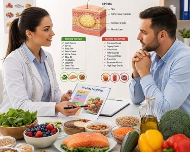 Healthy diet for lipoma showing anti-inflammatory foods, fresh vegetables, fruits, nuts, and a nutrition plan for lipoma management.