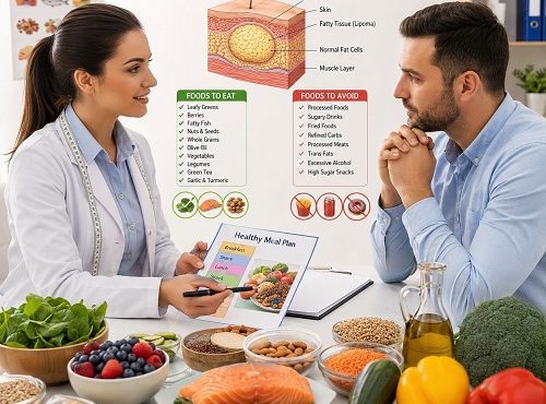 Healthy diet for lipoma showing anti-inflammatory foods, fresh vegetables, fruits, nuts, and a nutrition plan for lipoma management.