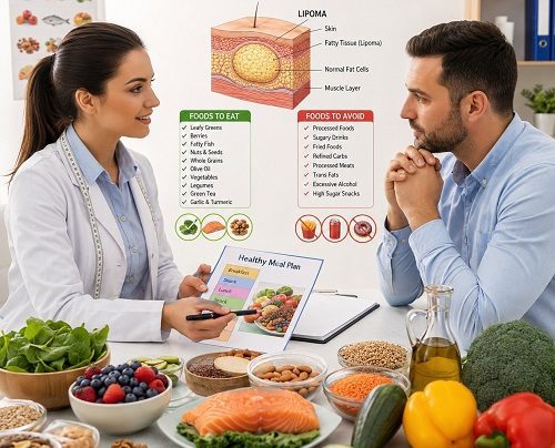 Healthy diet for lipoma showing anti-inflammatory foods, fresh vegetables, fruits, nuts, and a nutrition plan for lipoma management.