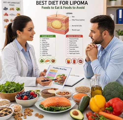 Healthy diet for lipoma showing anti-inflammatory foods, fresh vegetables, fruits, nuts, and a nutrition plan for lipoma management.
