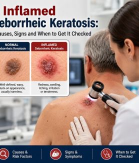 Inflamed seborrheic keratosis on an adult's shoulder being examined by a dermatologist.