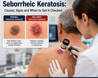 Inflamed seborrheic keratosis on an adult's shoulder being examined by a dermatologist.