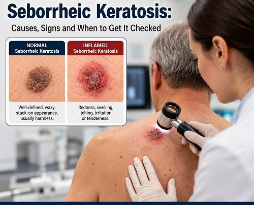 Inflamed seborrheic keratosis on an adult's shoulder being examined by a dermatologist.