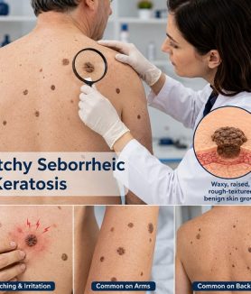 Dermatologist examining an itchy seborrheic keratosis lesion on a patient's skin during a clinical consultation.