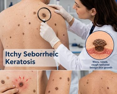 Dermatologist examining an itchy seborrheic keratosis lesion on a patient's skin during a clinical consultation.
