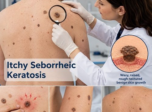 Dermatologist examining an itchy seborrheic keratosis lesion on a patient's skin during a clinical consultation.