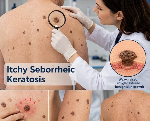 Dermatologist examining an itchy seborrheic keratosis lesion on a patient's skin during a clinical consultation.