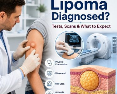 Lipoma diagnosis showing doctor examining a soft fatty lump with ultrasound and MRI evaluation.