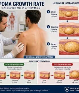 Doctor examining a patient with a growing lipoma while explaining lipoma growth rate and size changes using anatomical illustrations.