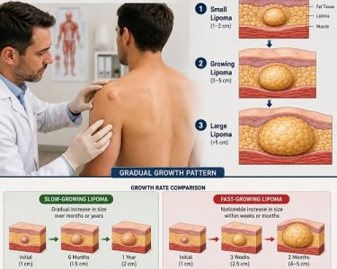 Doctor examining a patient with a growing lipoma while explaining lipoma growth rate and size changes using anatomical illustrations.
