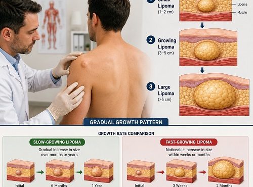 Doctor examining a patient with a growing lipoma while explaining lipoma growth rate and size changes using anatomical illustrations.