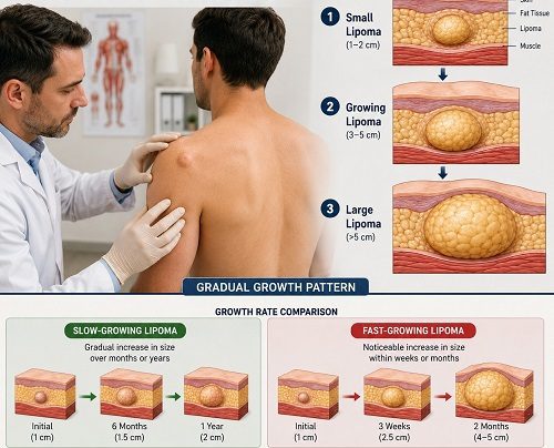 Doctor examining a patient with a growing lipoma while explaining lipoma growth rate and size changes using anatomical illustrations.