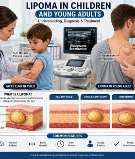 Child and young adult with lipoma being examined by a healthcare professional showing fatty lump under the skin.