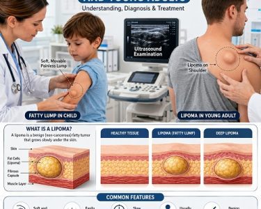 Child and young adult with lipoma being examined by a healthcare professional showing fatty lump under the skin.