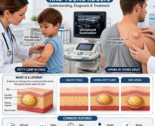 Child and young adult with lipoma being examined by a healthcare professional showing fatty lump under the skin.