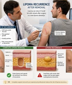 Doctor explaining lipoma recurrence after surgical removal with an anatomical illustration showing lipoma regrowth beneath the skin.