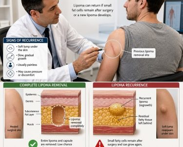 Doctor explaining lipoma recurrence after surgical removal with an anatomical illustration showing lipoma regrowth beneath the skin.