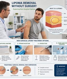 Healthcare professional discussing lipoma removal without surgery while showing non-surgical lipoma treatment options and anatomical illustrations of fatty tissue beneath the skin.