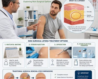 Healthcare professional discussing lipoma removal without surgery while showing non-surgical lipoma treatment options and anatomical illustrations of fatty tissue beneath the skin.