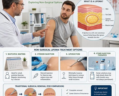 Healthcare professional discussing lipoma removal without surgery while showing non-surgical lipoma treatment options and anatomical illustrations of fatty tissue beneath the skin.