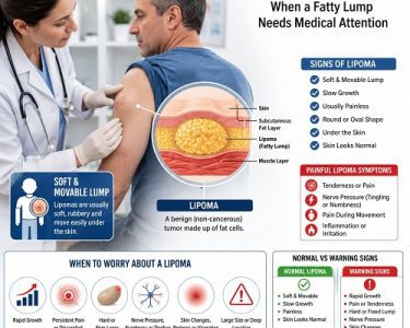 Doctor examining a soft fatty lipoma on a patient's upper arm during a medical consultation.