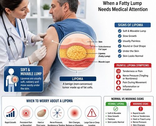 Doctor examining a soft fatty lipoma on a patient's upper arm during a medical consultation.