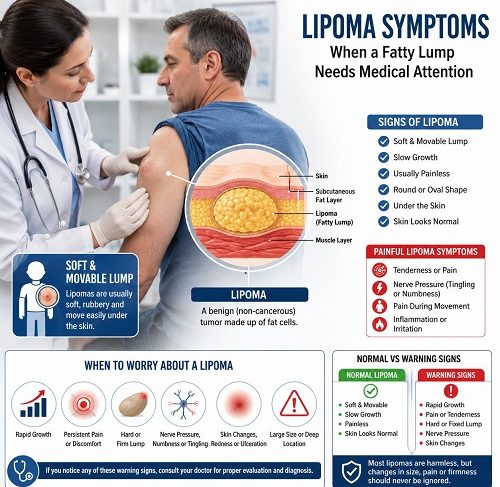 Doctor examining a soft fatty lipoma on a patient's upper arm during a medical consultation.