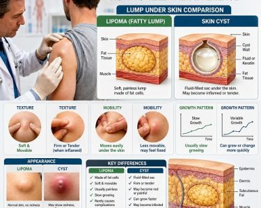 Doctor examining a patient with a lipoma and skin cyst showing the differences between fatty lumps and fluid-filled cysts beneath the skin.