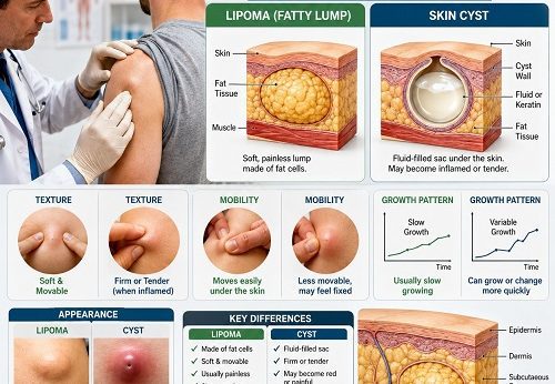 Doctor examining a patient with a lipoma and skin cyst showing the differences between fatty lumps and fluid-filled cysts beneath the skin.