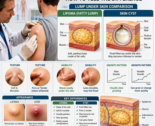 Doctor examining a patient with a lipoma and skin cyst showing the differences between fatty lumps and fluid-filled cysts beneath the skin.