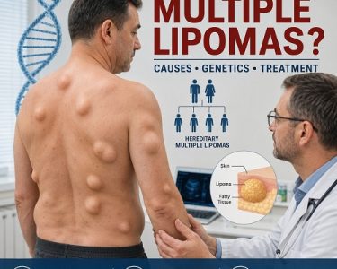 Person with multiple lipomas on the body discussing hereditary multiple lipomas causes with a healthcare professional.