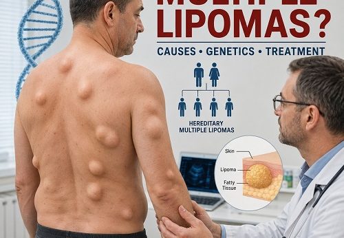 Person with multiple lipomas on the body discussing hereditary multiple lipomas causes with a healthcare professional.